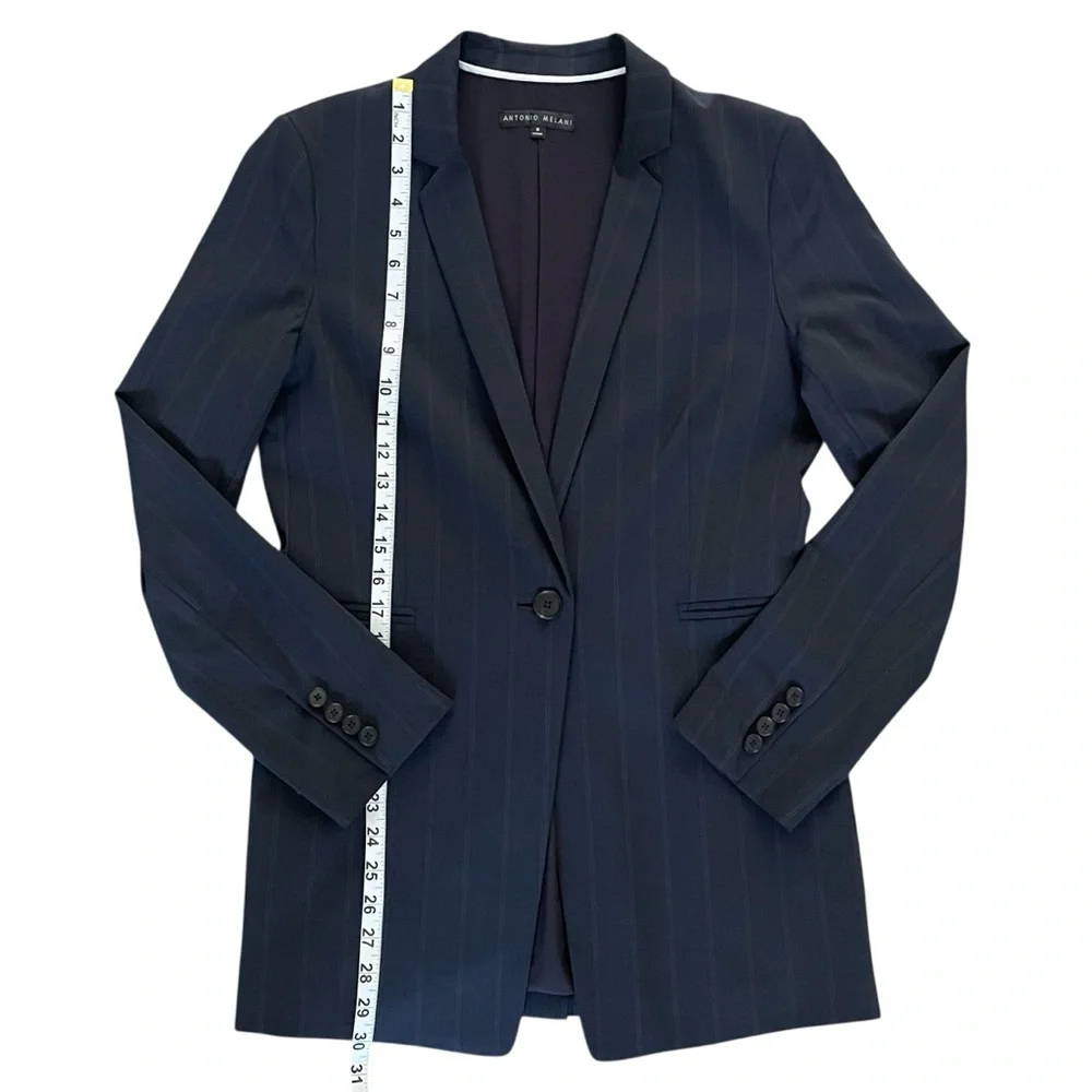 ANTONIO MELANI Navy Blue pin stripe long Blazer single breasted wool Sz: 8 NWOT - Picture 10 of 10